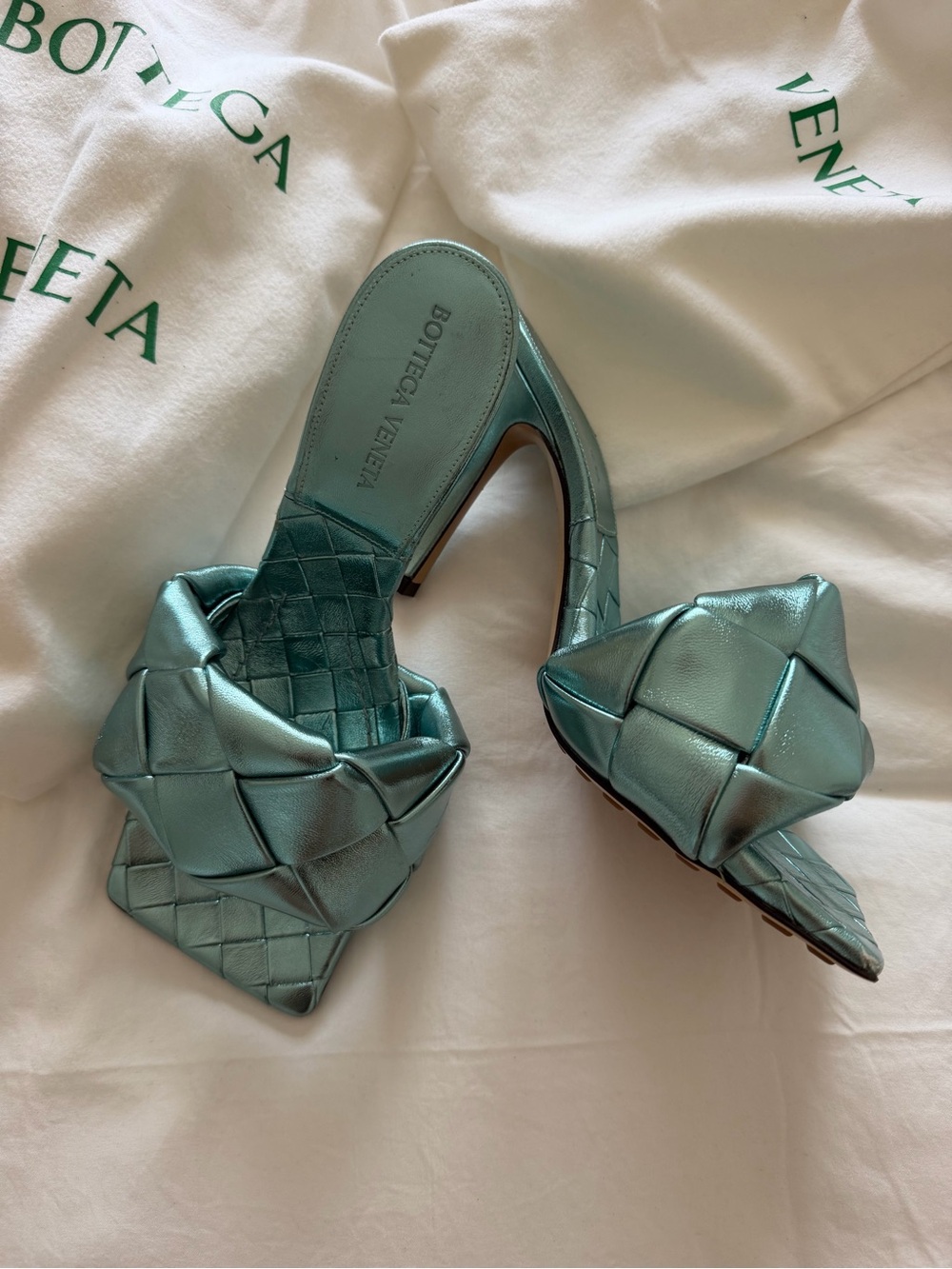 Bottega Veneta Metallic Teal Intrecciato Knot Lido Mules Sandals